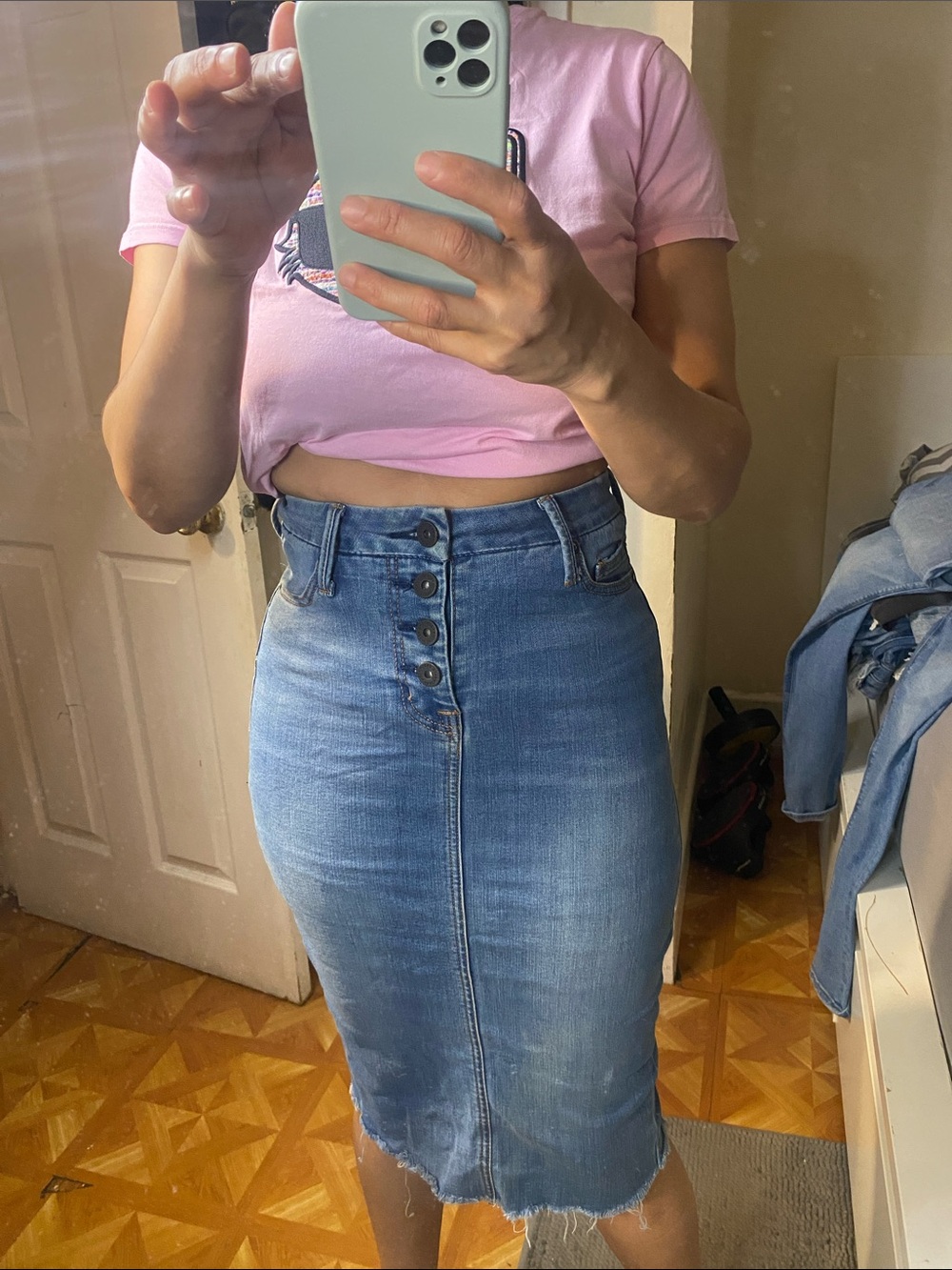 High-Waist Button-Front Denim Midi Skirt - Blue